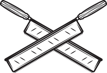 Vintage carpentry woodword mechanic long saw cross. Can be used like emblem, logo, badge, label. mark, poster or print. Monochrome Graphic Art. Vector
