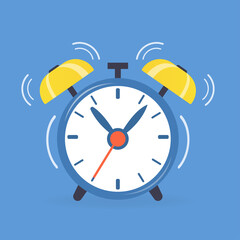 Alarm clock with a vibrating bell on a blue background. Vector illustration