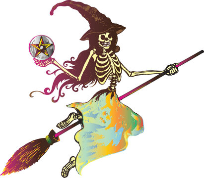 Art fantasy witch skull halloween day. Hand drawing and make graphic vector.
