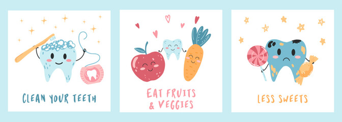 Children posters with kawaii teeth characters in cartoon flat style. Vector illustration of brushing teeth, sick tooth with sweets, healthy tooth with healthy food. Dental care concept, oral hygiene