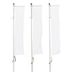 Three blank white corporate flags on flagpoles isolated
