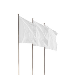 Three white blank corporate flags waving in the wind isolated