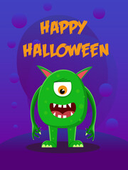 Halloween card with a green one-eyed monster on the background.