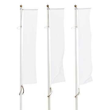 Three Blank White Corporate Flags On Flagpoles Isolated