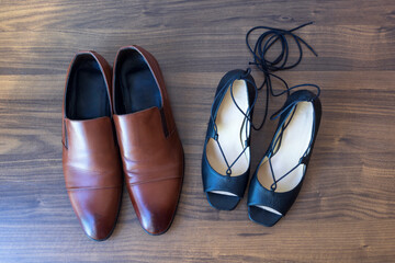stylish leather shoes of a man and of a woman