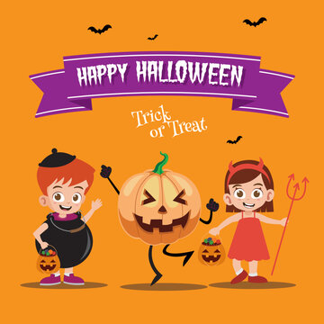 Happy halloween with happy kids in devil costume vector illustration