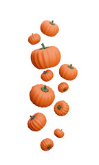 Flying Orange halloween pumpkins on orange background, holiday decoration. isolated background. 3D render illustration