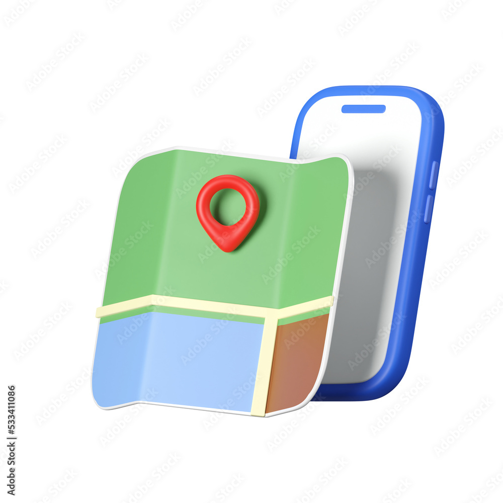 Poster map pointer location navigator isolated on a smartphone isolated on background. 3d render illustrati