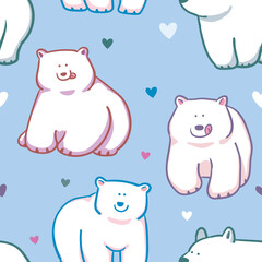 Seamless Pattern with Cartoon Bear and Heart Design on Blue Background