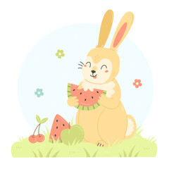 Obraz na płótnie Canvas Cute rabbit with fruit eats watermelon. A bunny character in a cartoon flat style. Vector summer children's illustration.