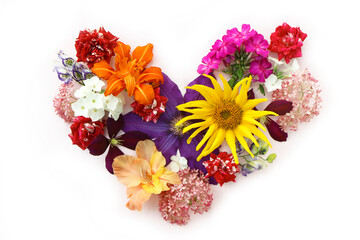 Obraz na płótnie Canvas Flower arrangement of various heart-shaped flowers on a white background.