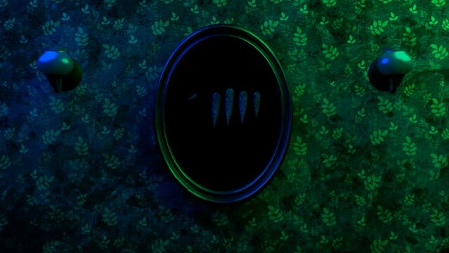 A creepy hand crawls out of a portrait on the wall 3D 4K animation. Old spooky interior.