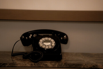 old phone. Bechi phone made of ebonite, used as a decoration in a hotel. detail.