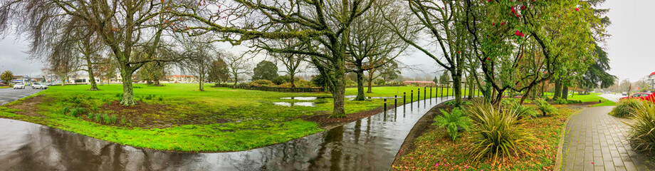 Fototapeta na wymiar Kuirau Park on a rainy day in Rotorua, New Zealand. Panoramic view
