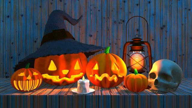 Halloween decorations with carved pumpkins and candles on a wooden table 3D 4K animation