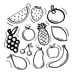 Hand drawn fruits collection icon in doodle style