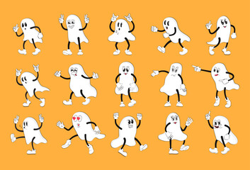 Boo mascot in retro style. Ghost with gloved hands. Hallowen sticker pack of funny cartoon characters