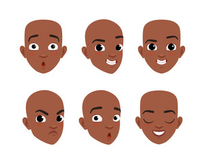 Face of African American boy with different emotions set. Cute child character creation, constructor for animation cartoon vector illustration