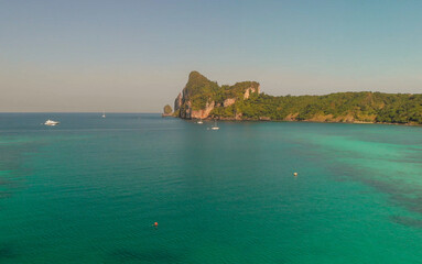 Phi Phi Don, Thailand. Aerial view of Phi Phi Island coastline from drone on a hot sunny day.