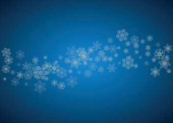 Fototapeta premium New year background with silver frosty snowflakes. Horizontal backdrop. Stylish new year background for holiday banner, card. Falling snow with sparkles and flakes for season special offers and sales.