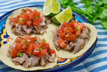 メキシコ料理の美味しいタコス　サルサ・メヒカーナとライムを添えて　Delicious Mexican Tacos served with salsa mexicana and lime