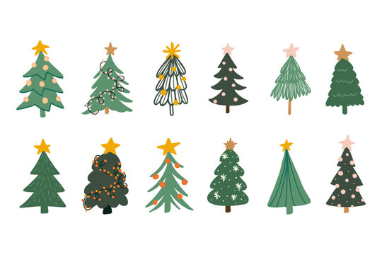Set of doodle christmas tree.Pine tree
