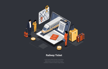 Online Buying Railway Tickets, Traveling by Train Concept. Men And Women Passengers Buying Tickets And Going On Trip. Character At Railway With Train and Platform. Isometric 3d Vector Illustration