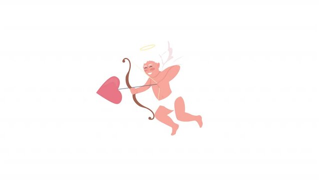 Animated cute cupid character. Little baby angel with bow and arrow. Full body flat person HD video footage with alpha channel. Color cartoon style illustration for motion graphic design and animation