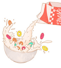 Milk pouring into cereal bowl, colorful cereal scatter out. cute and fun food illustration. vintage vibe rough painting style