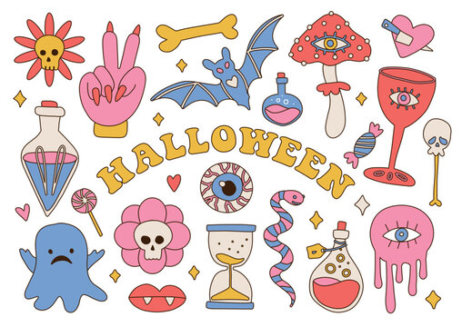 Groovy halloween elemenst set in retro hippie 70s style. Psychedelic collection of hippie design stickers. The power of monster magic. Linear hand drawn illustration.