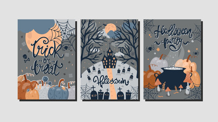 Happy Halloween party posters set with night clouds and pumpkins in paper cut style. Vector illustration. Full moon, witch cauldron, spiders web and flying bat.