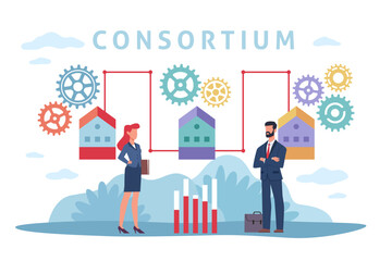 Consortium partnership, companies association, achievement common goal, business structure. Businesswoman and man league members. Abstract banner with text. Vector cartoon flat concept - obrazy, fototapety, plakaty