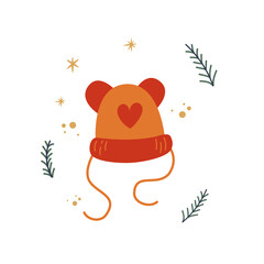 Cozy winter kids hat, Christmas hand drawn vector illustration