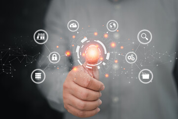 Security future technology personal information on virtual screen, Businessman scan fingerprints,...