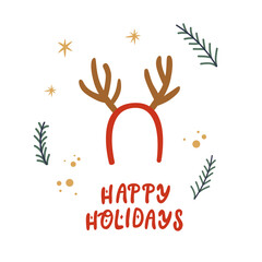 Naklejka premium Christmas hand drawn doodle greeting card with happy holiday sign and reindeer antlers.