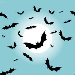 Vector. Night, full moon and bats, seamless pattern. Colorful scary Halloween illustration. Background mockup for Halloween party invitation card. Happy Halloween print. Volumetric image.
