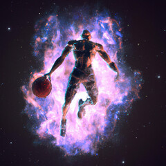 Obraz na płótnie Canvas painting of a basketball player dunking as an explosion of a nebula