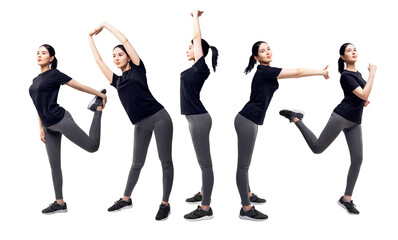 Fototapeta premium Collage of full length young woman in sportswear doing exercises.