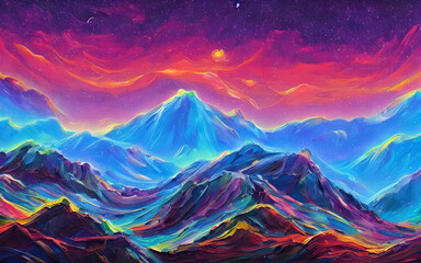 I am looking at a dreamy, psychedelic space landscape. The colors are swirling and bright, and I can see stars and planets in the distance. This is a beautiful scene that makes me feel calm and peacef