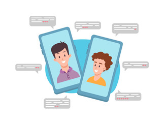 Cute gay couple in long distance relationship, flat vector illustration isoalted on white background.