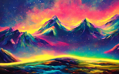 I am looking at a dreamy psychedelic space landscape. The colors are swirling and bright, and I can see stars and planets in the distance. It is peaceful and calming, and I feel like I could float awa - obrazy, fototapety, plakaty
