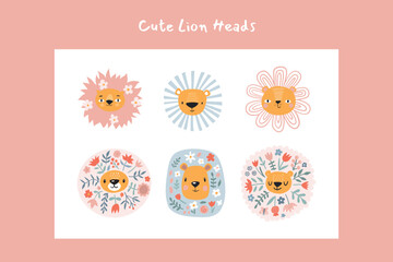Cute lions with floral elements. Modern vector illustration. Jungle life clipart. Vector illustration. Funny doodle animals. 