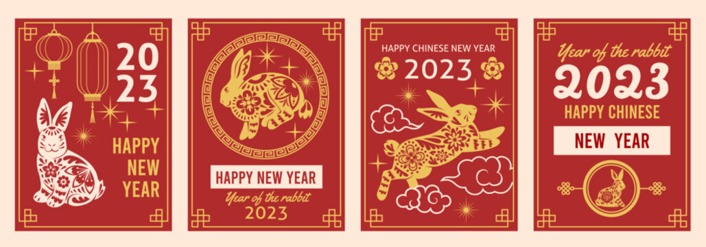 New year rabbit posters. Chinese traditional greeting cards, red holiday vertical banners, 2023 year, lunar calendar, gold colored zodiac animal, lantern and clouds, tidy vector set