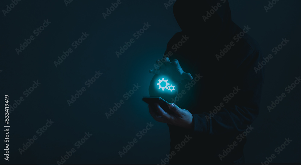 Poster hackers spy on cell phones. concept of information security system in internet network and informati