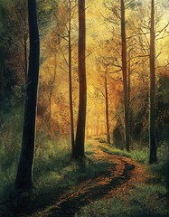 autumn forest with orange leaves and a path, unpaved road throught the middle