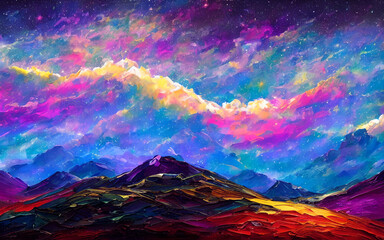 In the Dreamy psychedelic space landscape, there is a field of stars that goes on forever. In the middle of this landscape is a brightly colored nebula. This nebula has many colors including blue, pur