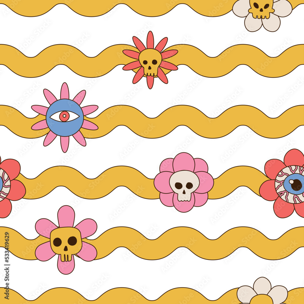 Poster groovy halloween seamless pattern in retro 70s style. psychedelic hippie endless texture wavy backgr