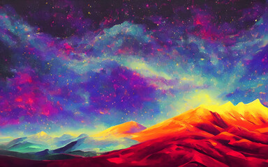 The colors in this picture are so intense and vibrant, they almost hurt to look at. They swirl and eddy around each other, creating a dizzying effect. In the center of it all is a huge glowing sun, su