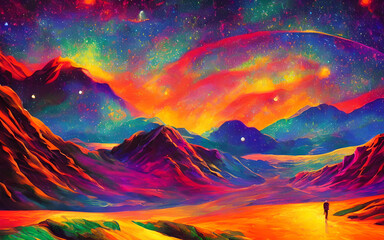 Fototapeta na wymiar The colors in the sky swirl and dance, creating a dreamy landscape. The stars seem close enough to touch, and the planets are so bright that they almost hurt to look at.