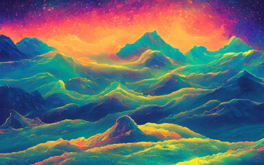 I am looking at a dreamy psychedelic space landscape. The colors are swirls of blues, greens, purples, and pinks. There is a shining white light in the center that looks like a star or a planet.